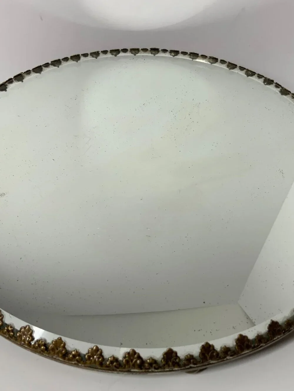 Vintage Round Beveled Mirror Vanity Tray Gold Fleur De Lis 3 Foot 12